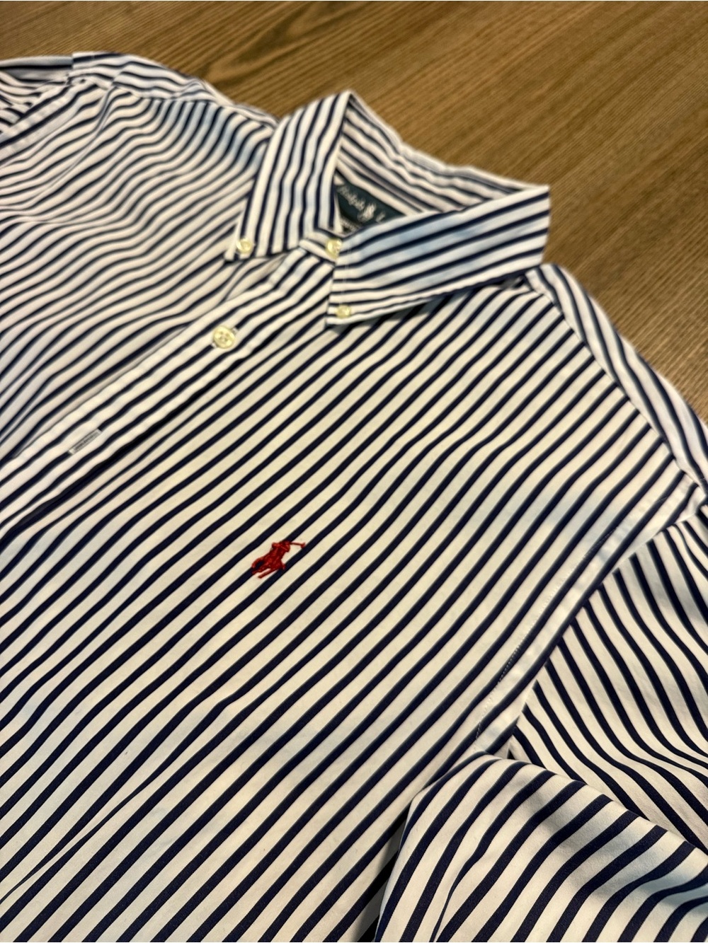 Polo by Ralph Lauren Navy & White Striped Button-Down with Red Logo